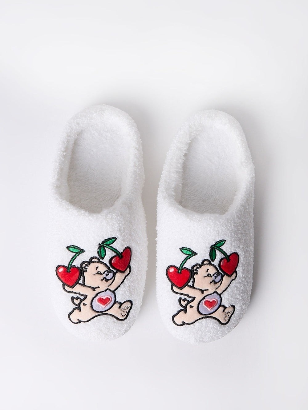 NWT Care Bears White Fuzzy Slippers with Cherry Bear Patch M (41-42)